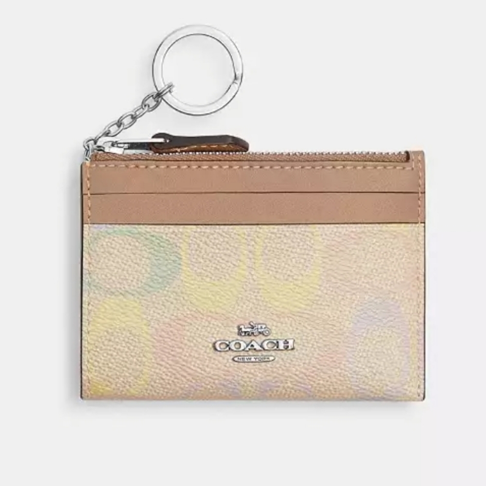 Coach Mini Skinny ID Credit Card Case Pastel Rainbow Signature Canvas Key Ring - Picture 8 of 9
